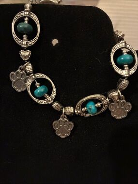 Turquoise Paw Print Charm Bracelet - Silver Tone Women Jewelry
